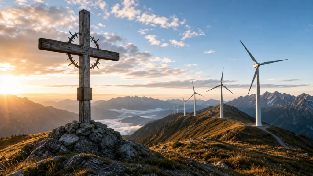 Symbolbild: Gipfelkreuz mit Windrädern in einer alpinen Landschaft