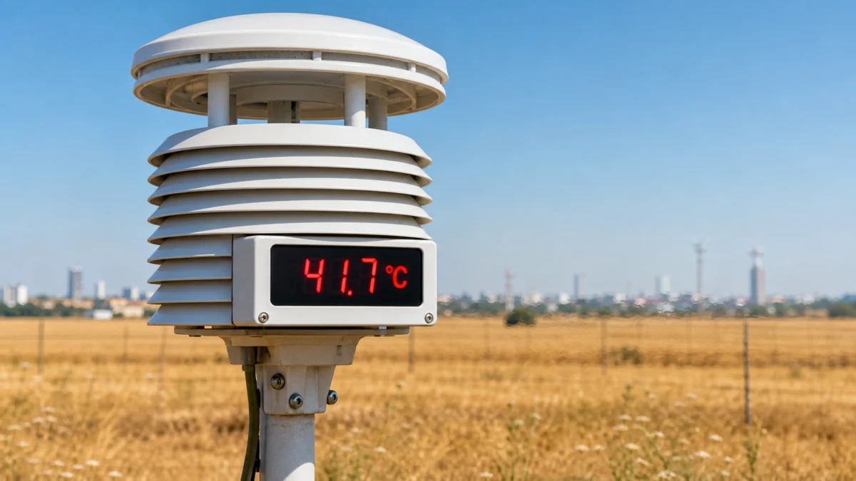Wetterstation mit einer Temperaturanzeige von 41,7 Grad während einer Hitzewelle