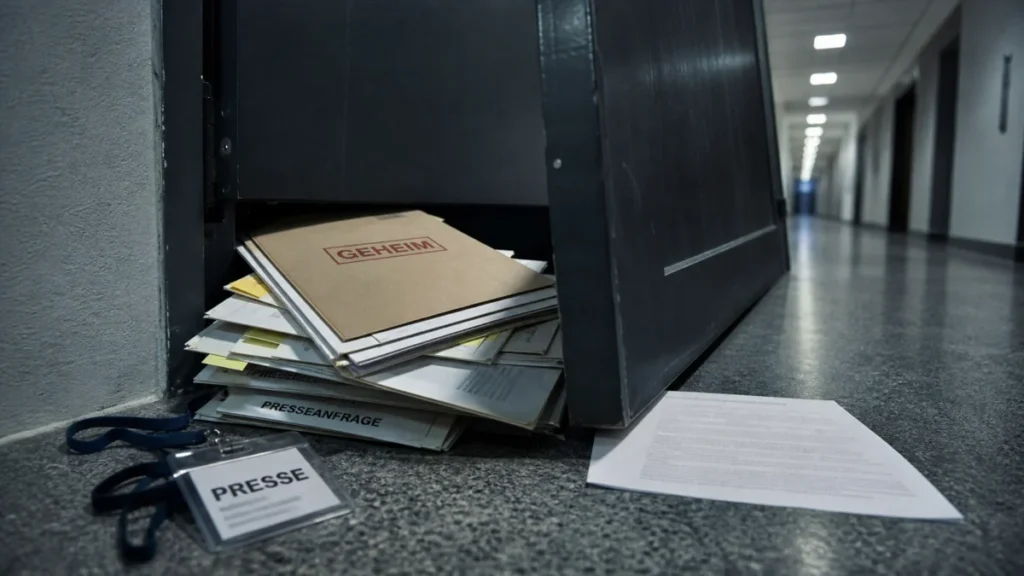 Geschlossene Behördenakte und Presseausweis - Symbolbild