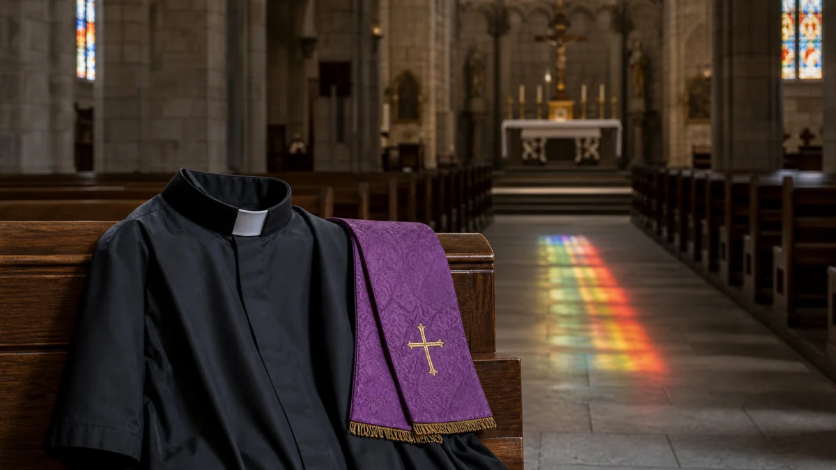 Priestergewand und violette Stola in einer katholischen Kirche, farbiges Licht fällt durch Kirchenfenster