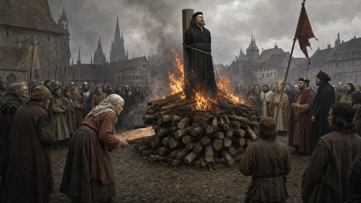 Historische Illustration: Jan Hus auf dem Scheiterhaufen, umringt von einer Menschenmenge; eine alte Frau trägt ein weiteres Holzscheit herbei