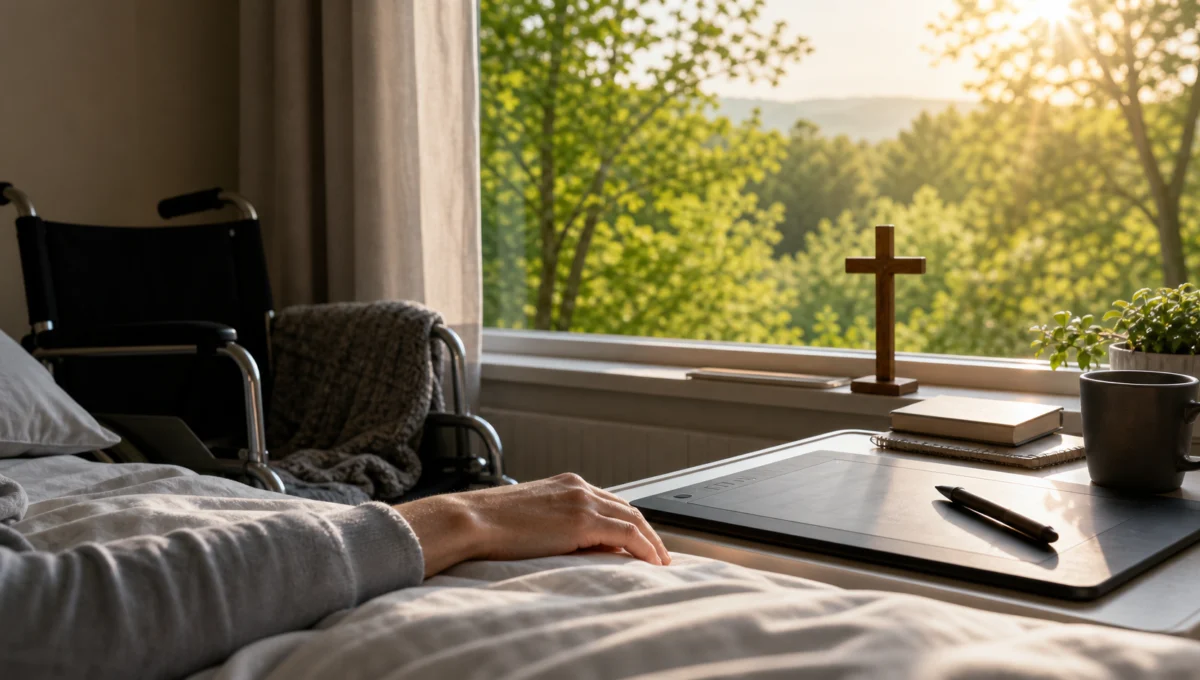 Symbolbild: Krankenbett mit Rollstuhl, Blick in die Natur und kleinem Kreuz