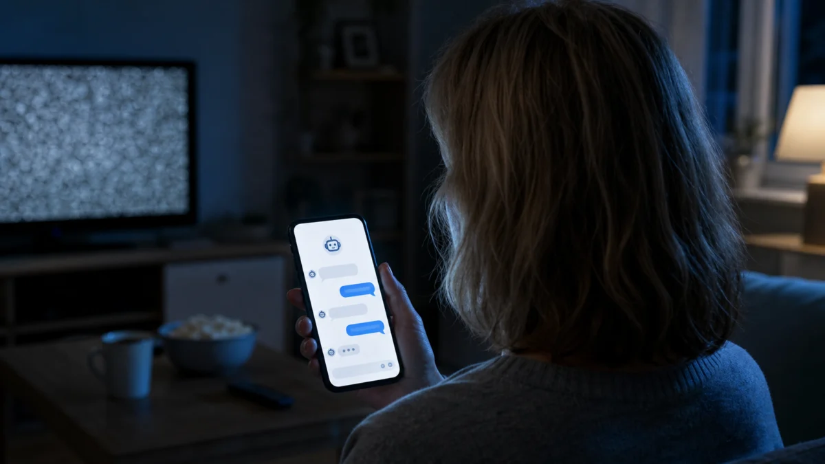 Symbolbild: Frau von hinten nutzt Smartphone-Chatbot im Wohnzimmer