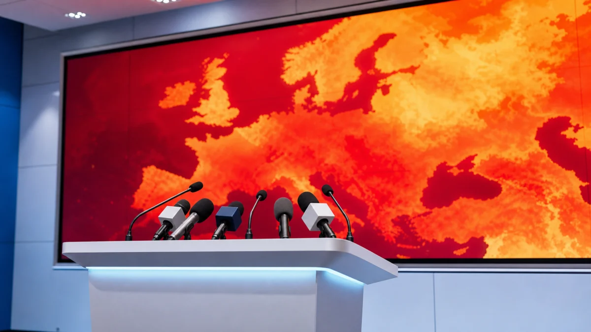 Symbolbild einer Pressekonferenz vor einer rot leuchtenden Hitzekarte Europas