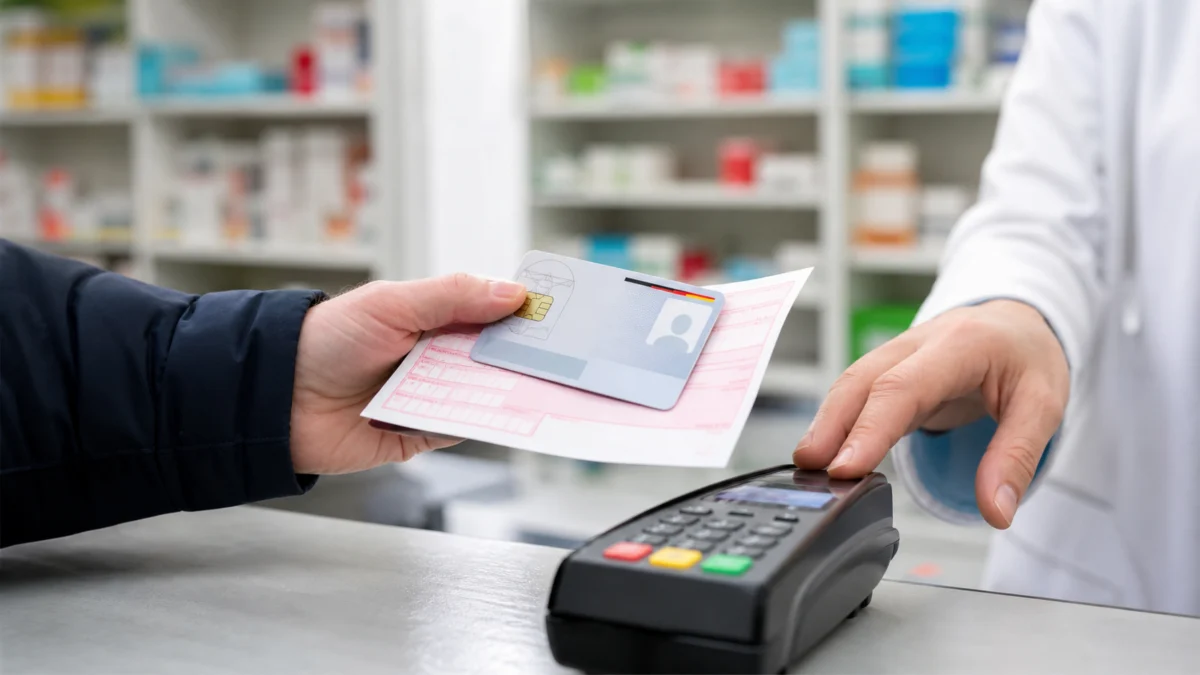 Symbolbild: Patient zahlt in der Apotheke mit Gesundheitskarte und Rezept