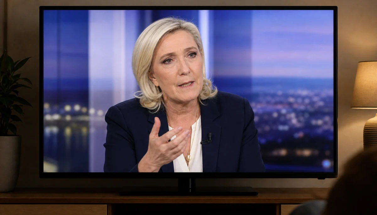 Symbolbild: Marine Le Pen auf einem Fernsehschirm im Interview