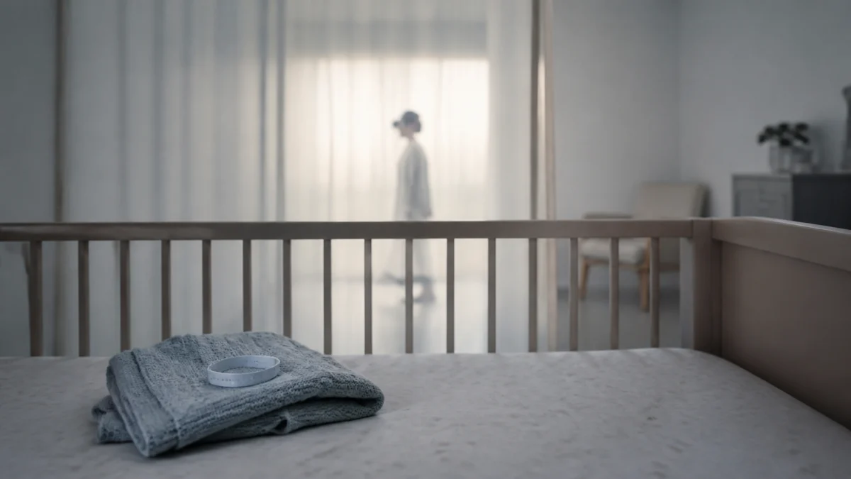 Symbolbild zur Debatte über Leihmutterschaft: leeres Kinderbett und die Silhouette einer fortgehenden Frau