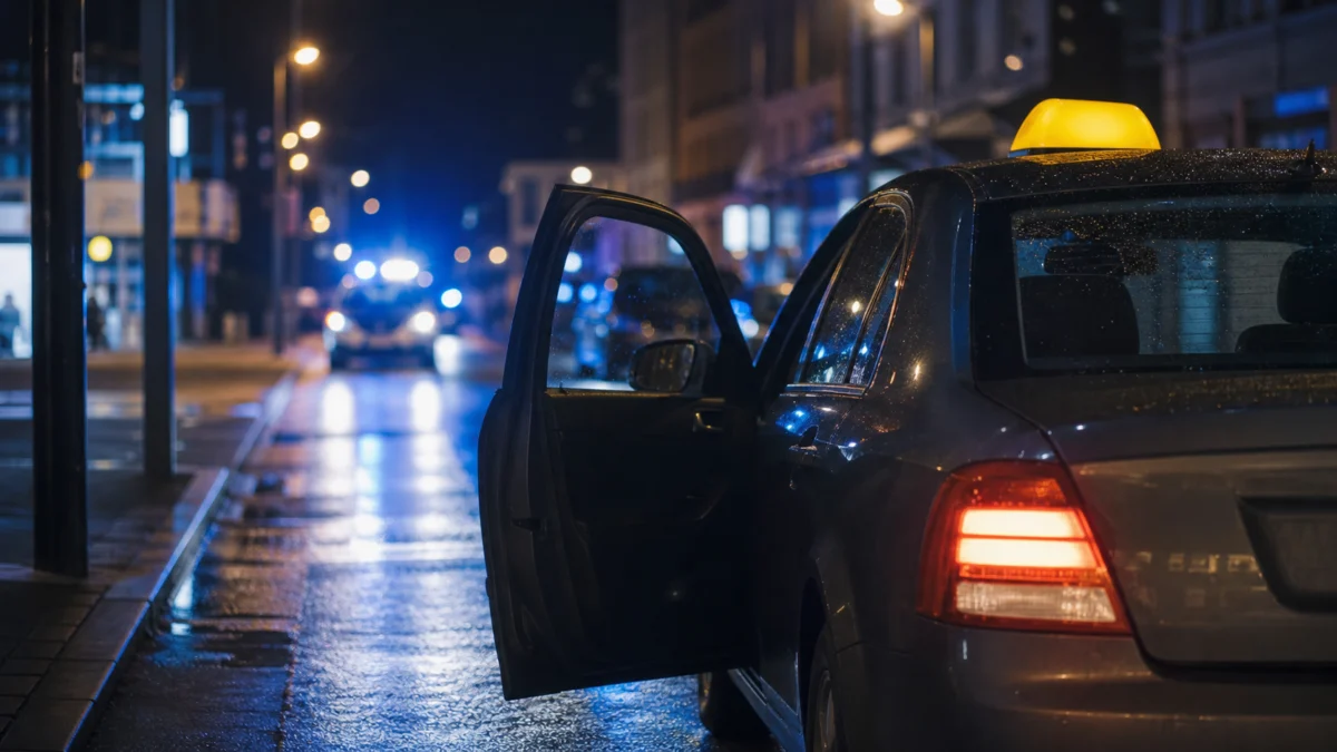 Symbolbild: Taxi bei Nacht mit Polizeilicht im Hintergrund