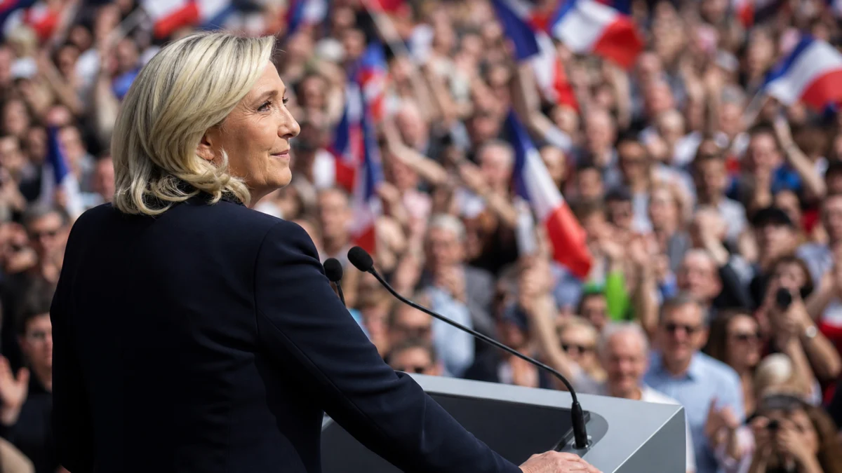 Marine Le Pen vor einer Menschenmenge bei einer politischen Rede