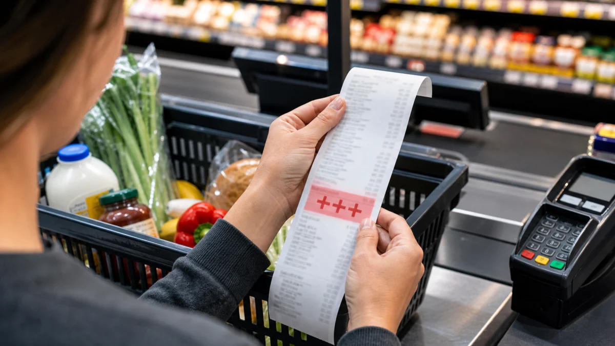 Symbolbild: Einkauf an der Supermarktkasse mit Kassenbon