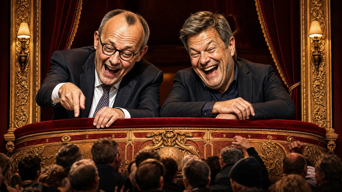 Satirisches Symbolbild: Merz und Habeck lachen in einer Theaterloge