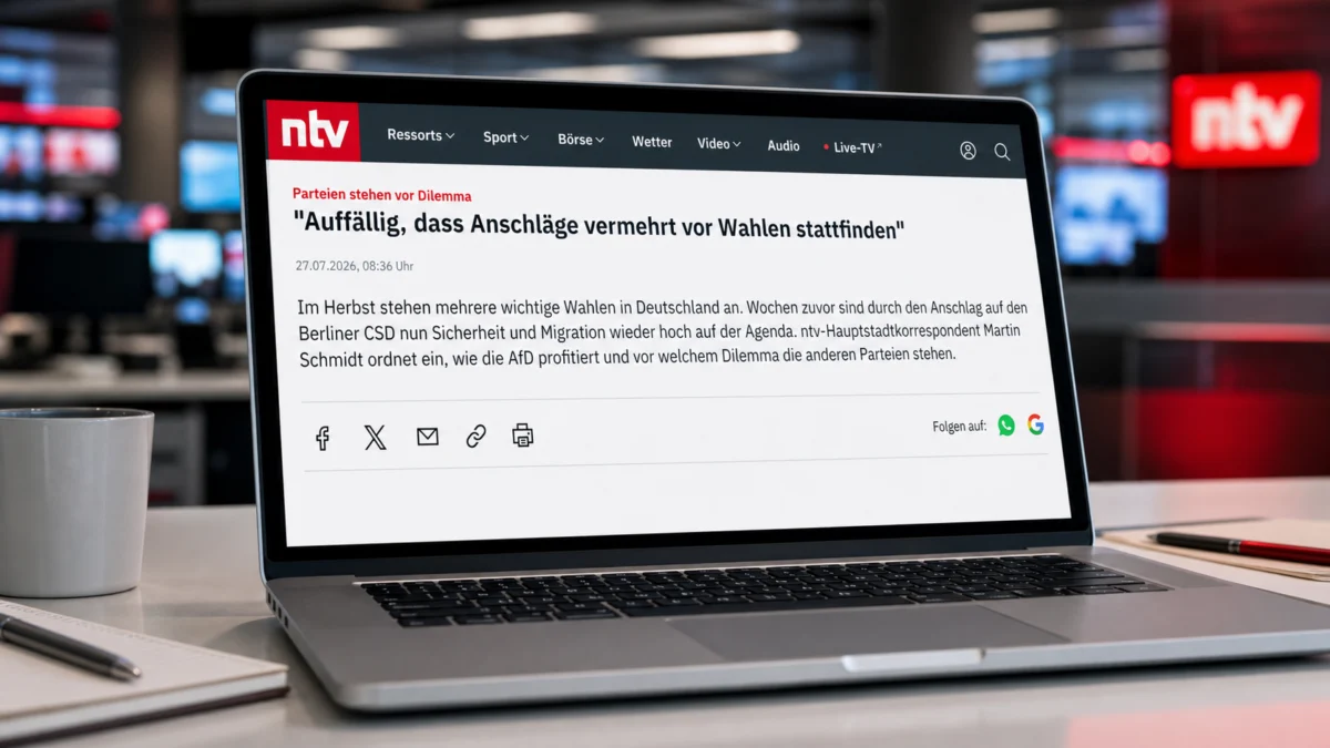 Laptop mit dem ntv-Beitrag über Anschläge vor Wahlen und die AfD