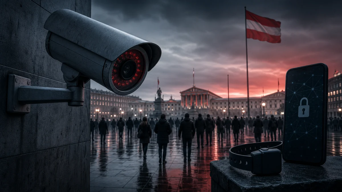 Überwachungskamera, Smartphone und elektronische Fußfessel vor dem österreichischen Parlament