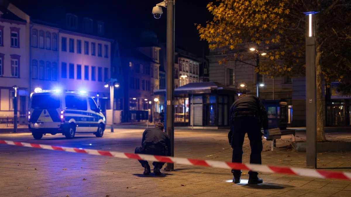 Symbolbild: Polizei sichert nachts Spuren auf einem videoüberwachten Stadtplatz