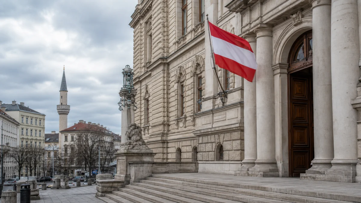 Österreichisches Gerichtsgebäude mit rot-weiß-roter Flagge und Minarett im Hintergrund als Symbolbild zur Debatte über die Anerkennung einer Scharia-Scheidung