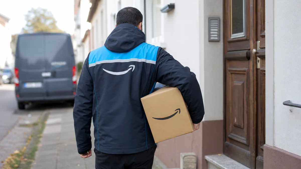 Paketbote liefert ein Amazon-Paket an einer Haustür aus