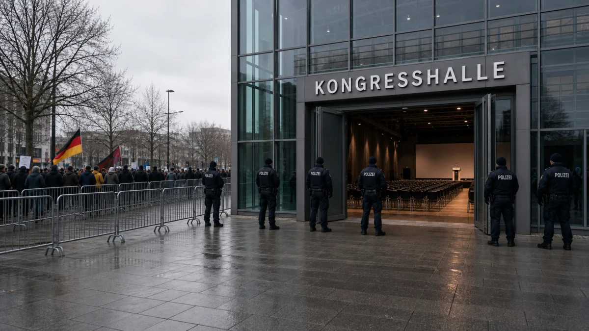 Polizeikräfte sichern den offenen Zugang zu einer Kongresshalle, Demonstranten stehen hinter Absperrgittern