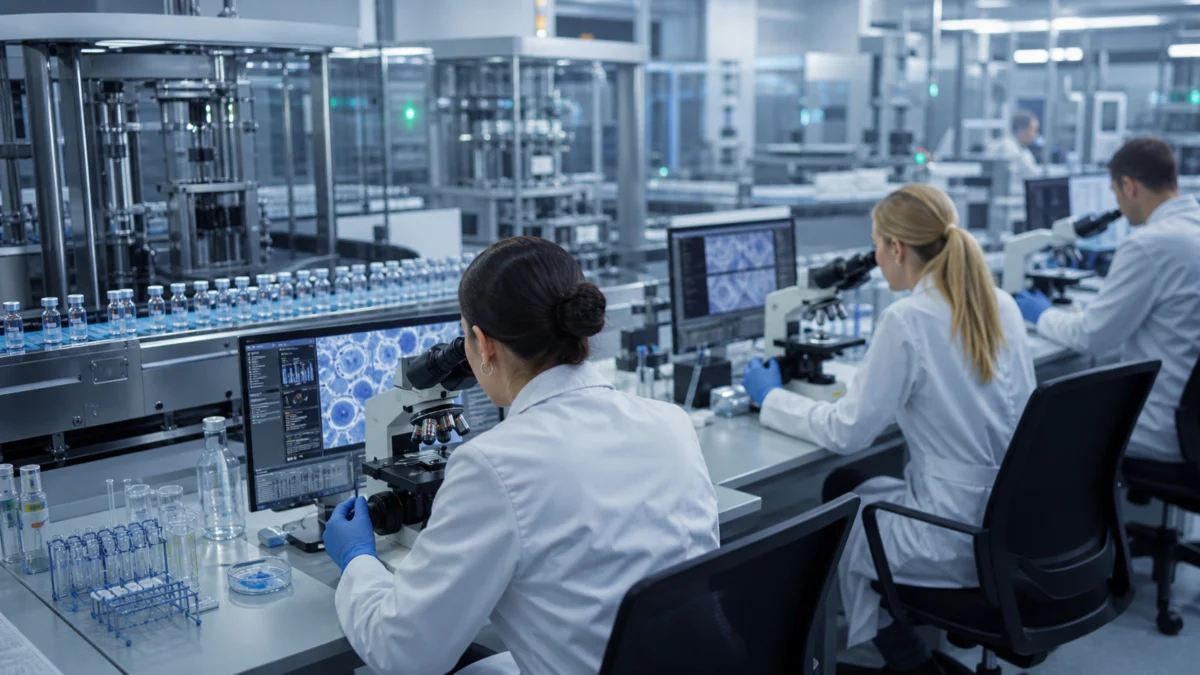 Forscher arbeiten in einem modernen pharmazeutischen Onkologielabor