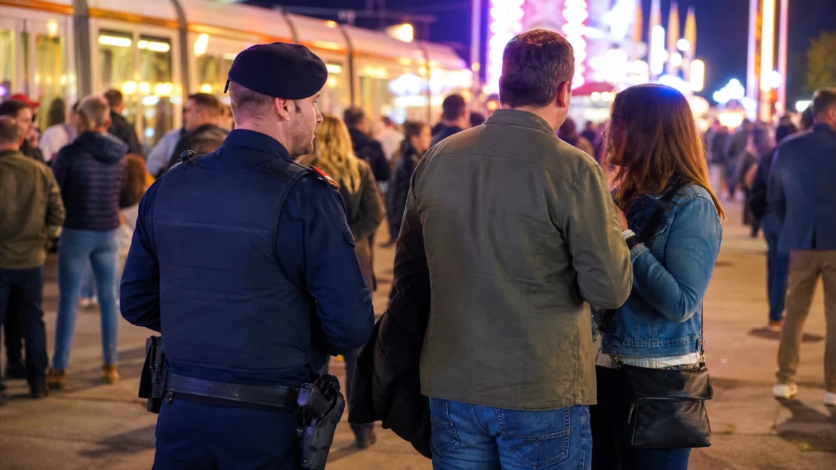 Nachgestellte Szene: Ein Polizist hört ein Gespräch eines Mannes mit seiner Freundin auf einem Festival