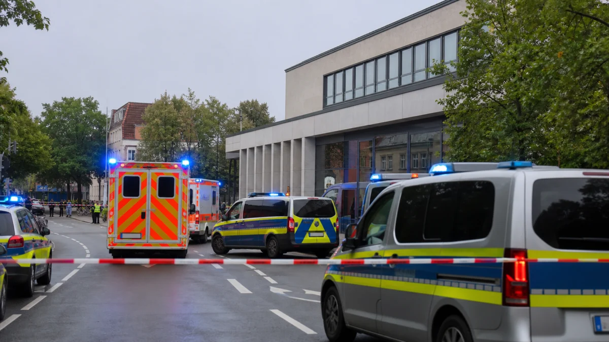Großaufgebot von Polizei und Rettungsdienst vor einer Bankfiliale als Symbolbild für die Geiselnahme in Regensburg