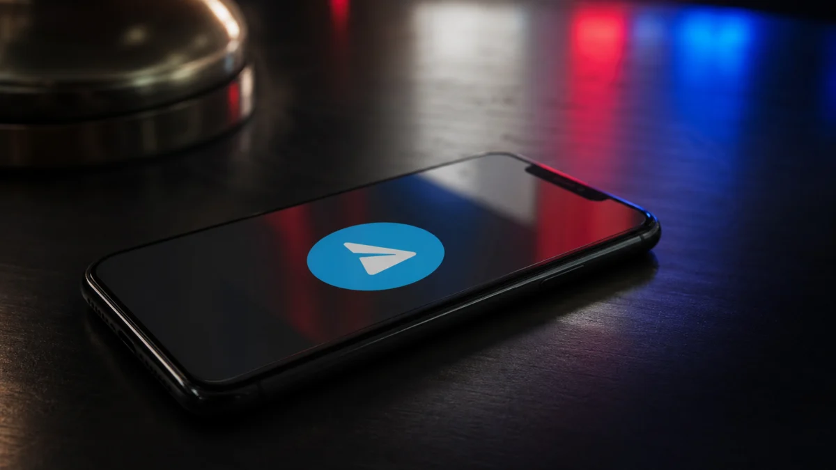 Smartphone mit Telegram-Symbol und roten sowie blauen Lichtreflexen als Symbolbild für den russischen Haftbefehl gegen Pavel Durow