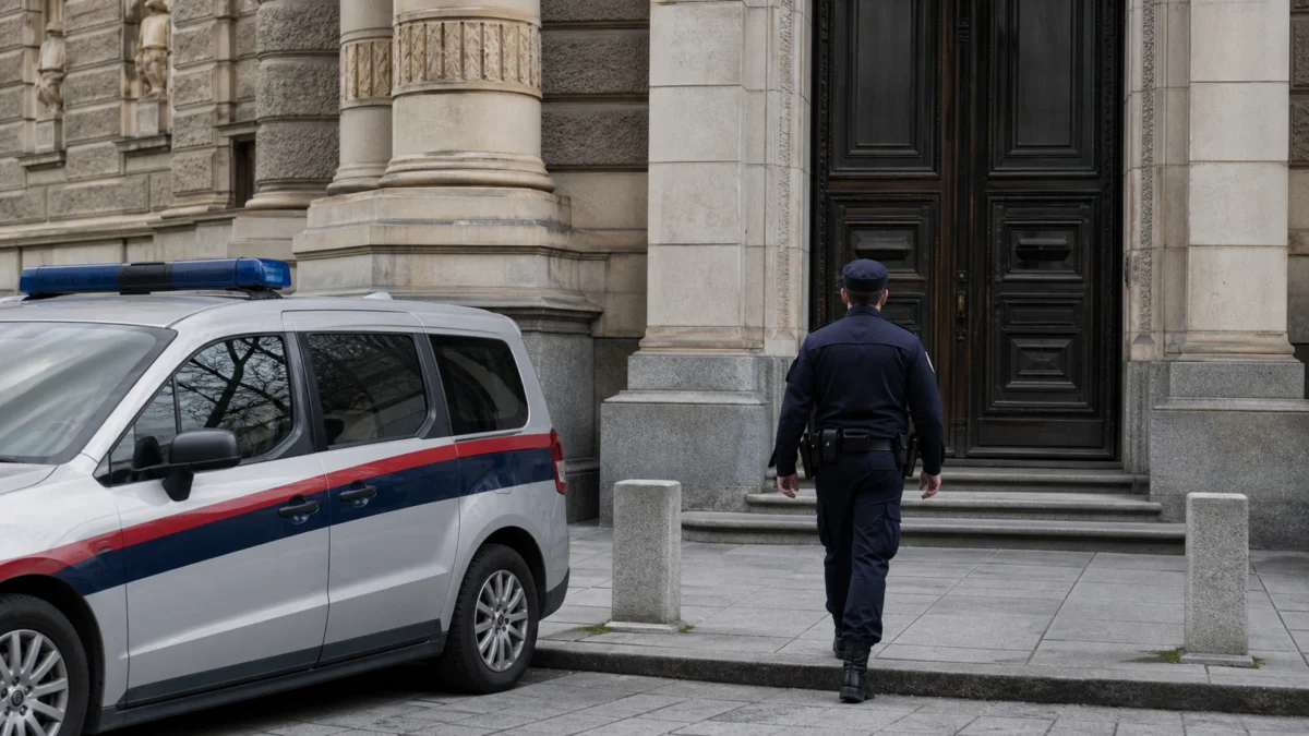 Ein Polizist geht auf den Eingang eines Wiener Gerichts zu