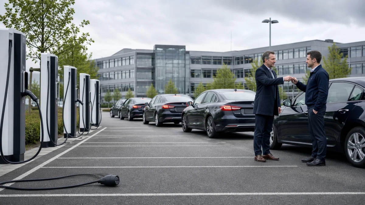 Leere Ladesäulen neben einer Flotte dunkler Dienstwagen mit Verbrennungsmotor