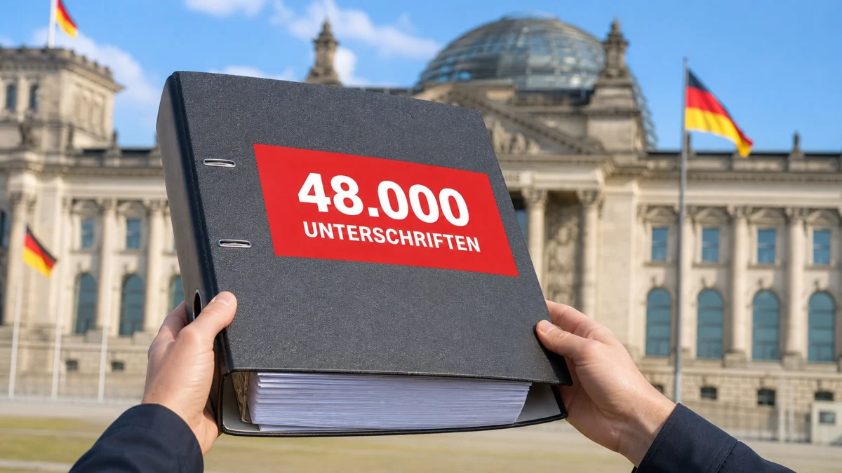 Petitionsordner mit der Aufschrift 48.000 Unterschriften vor dem Reichstagsgebäude