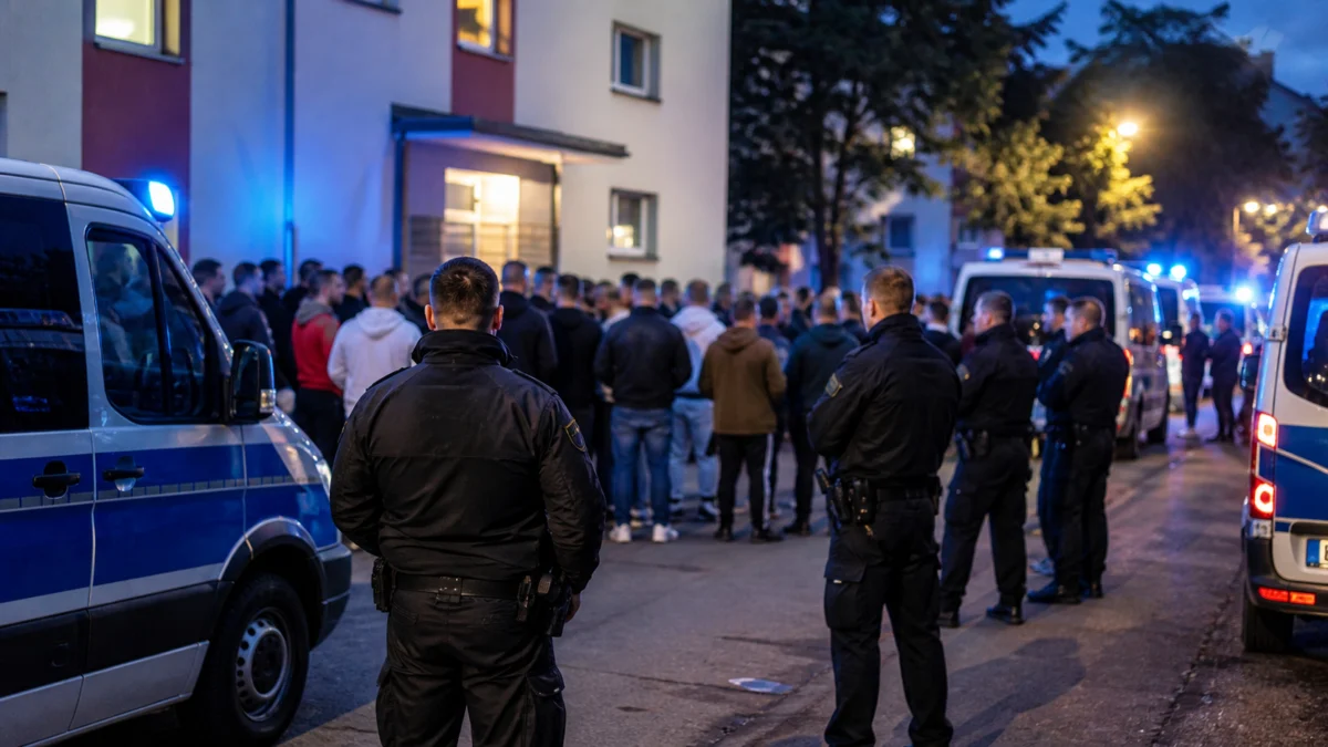 Symbolbild: Polizeieinsatz mit Menschenmenge vor einem Wohnhaus