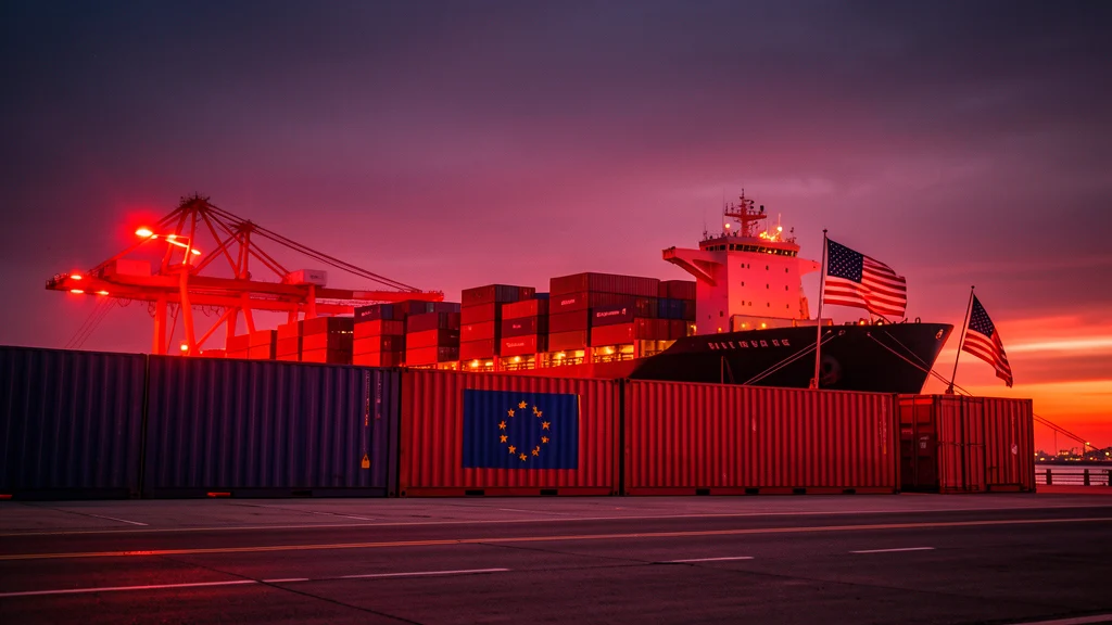 Symbolbild zum Handelsstreit zwischen den USA und der EU: Containerhafen mit Zollschranke und gestopptem Frachtschiff