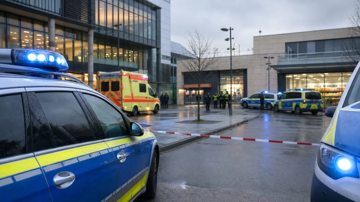 Mehrere Polizei- und Rettungsfahrzeuge vor einem Einkaufs- und Geschäftsbereich als Symbolbild für drei aktuelle Messerfälle