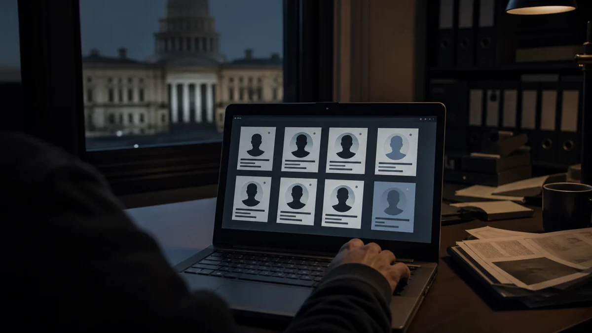 Symbolbild: anonyme Behörden-Accounts auf einem Laptop in dunklem Büro