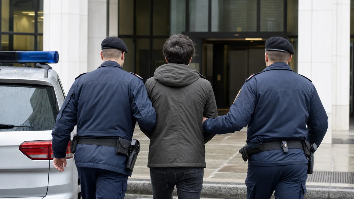Polizisten führen einen jungen Tatverdächtigen in ein Gerichtsgebäude