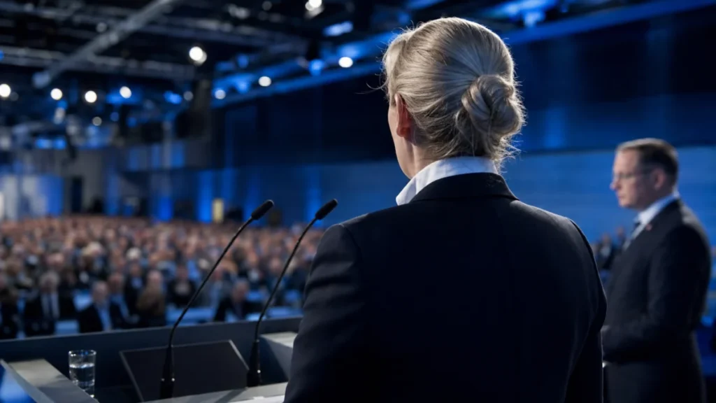 Alice Weidel bei einer Rede, Chrupalla unscharf im Hintergrund - Symbolbild