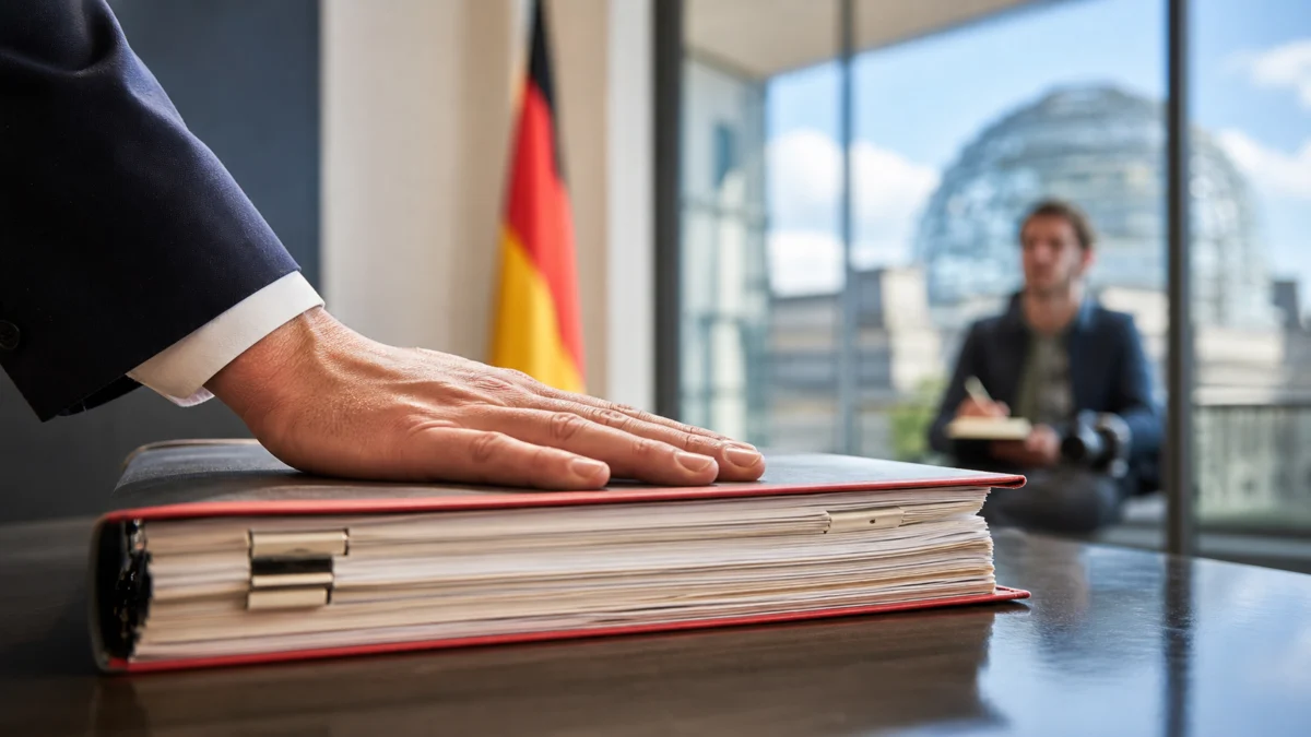 Symbolbild: Eine Regierungsakte wird geschlossen, während ein Journalist wartet