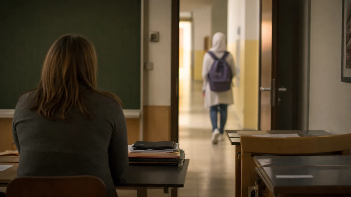 Symbolbild: Kopftuchmädchen in einer Schule, Lehrkraft im Hintergrund