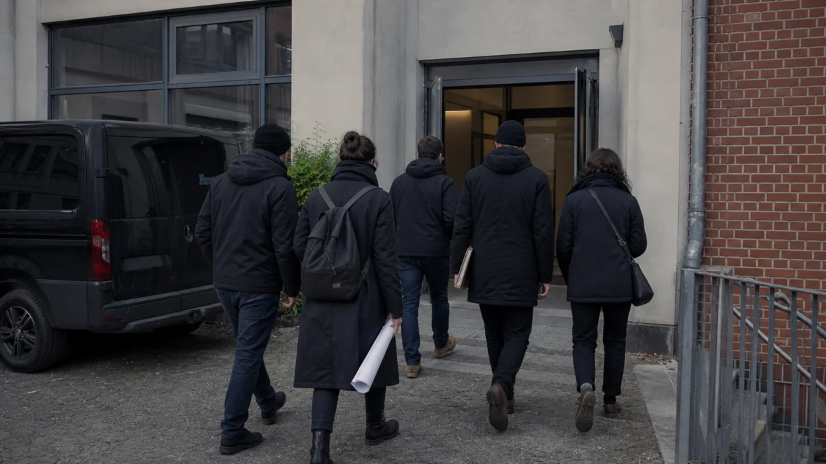 Politische Aktivisten betreten gemeinsam ein Berliner Bürogebäude