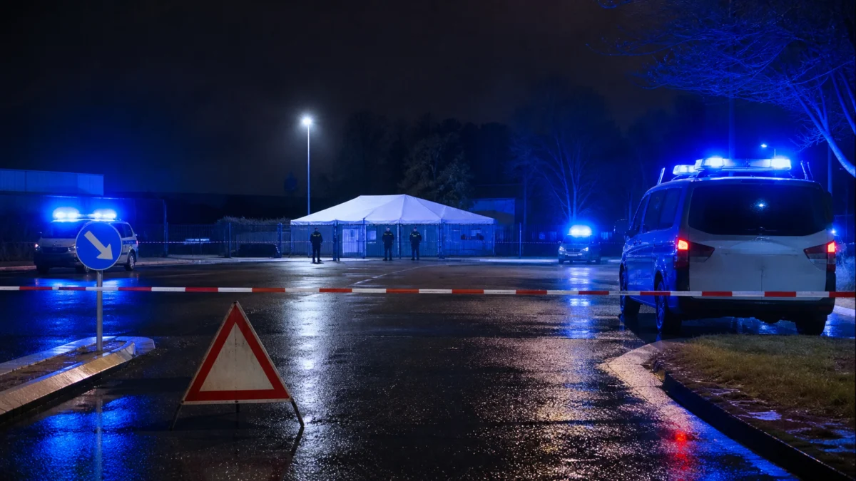 Polizeieinsatz vor einem abgesperrten Veranstaltungsort bei Nacht