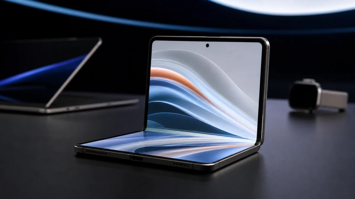 Konzept eines faltbaren Smartphones auf einer Technik-Präsentationsfläche