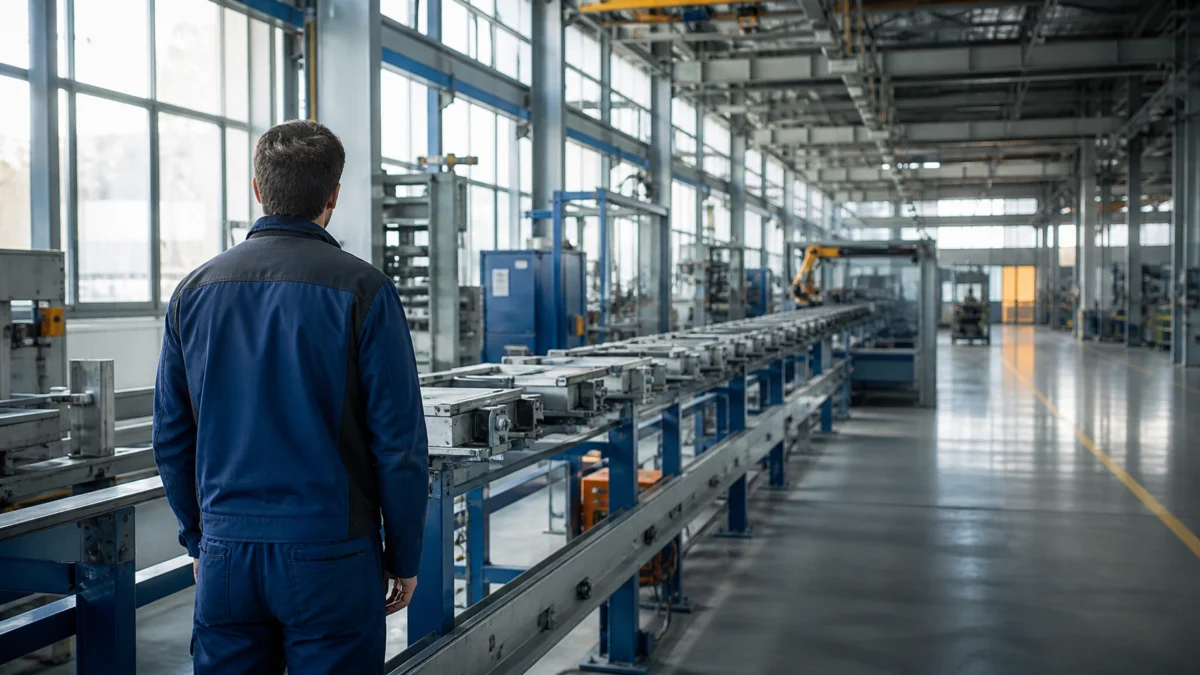 Ein Arbeiter steht vor einem stillstehenden Produktionsband in einer Industriehalle.