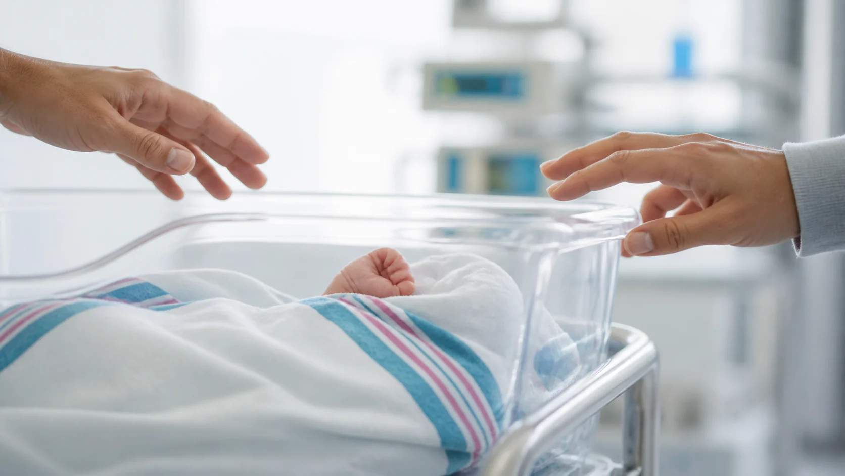 Neugeborenes im Klinikbett mit zwei Händen von entgegengesetzten Seiten