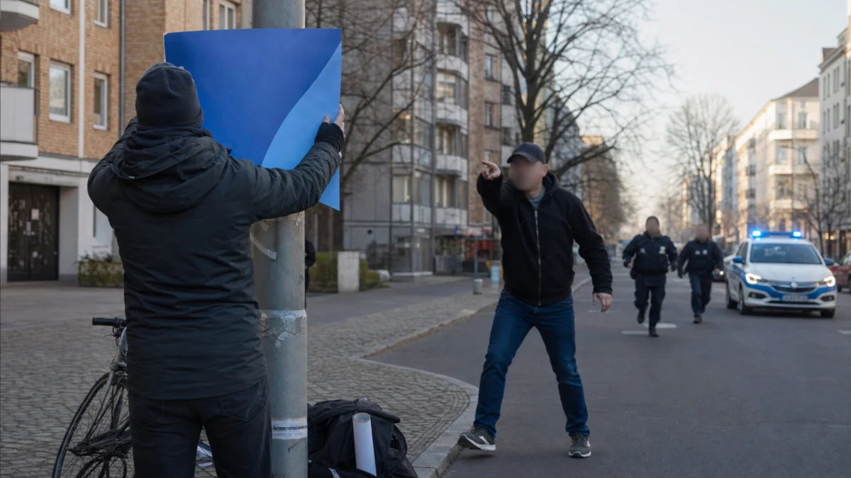 Wahlkampfhelfer wird beim Anbringen eines blauen Plakats bedrängt, während die Polizei eintrifft