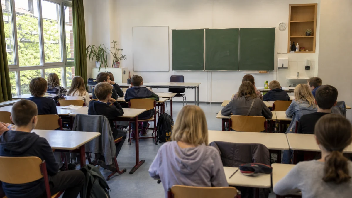 Leeres Lehrerpult vor einer Berliner Schulklasse als Symbol für langzeiterkrankte Lehrkräfte