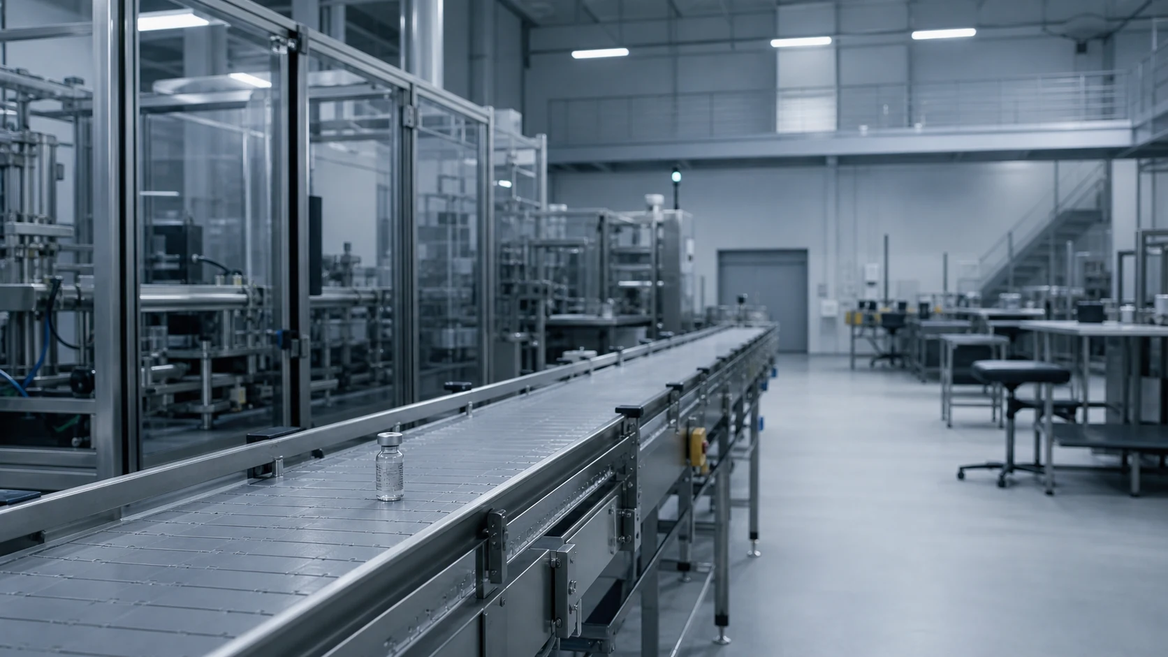Stillstehende Produktionslinie in einer modernen Pharmafabrik
