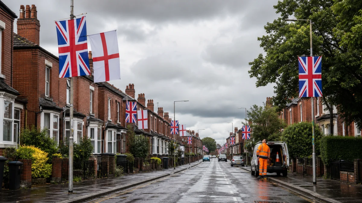 Symbolbild von britischen und englischen Flaggen an Laternenmasten in einer Straße