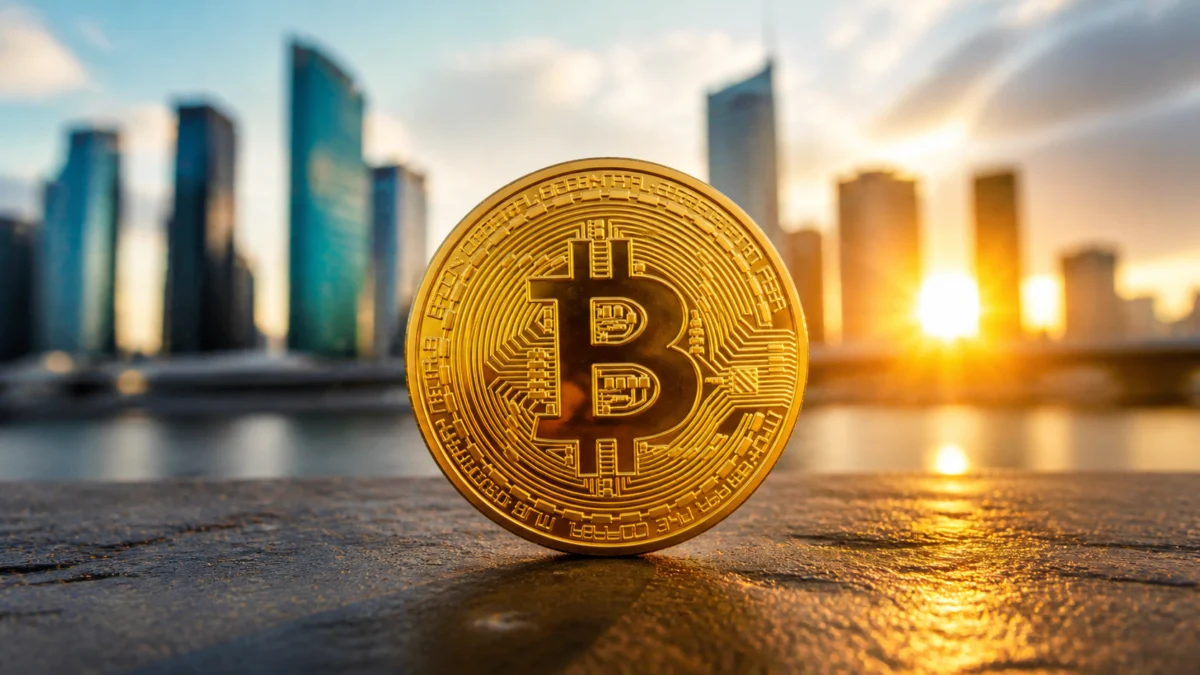 Bitcoin-Münze im Morgenlicht vor einer Finanzmetropole