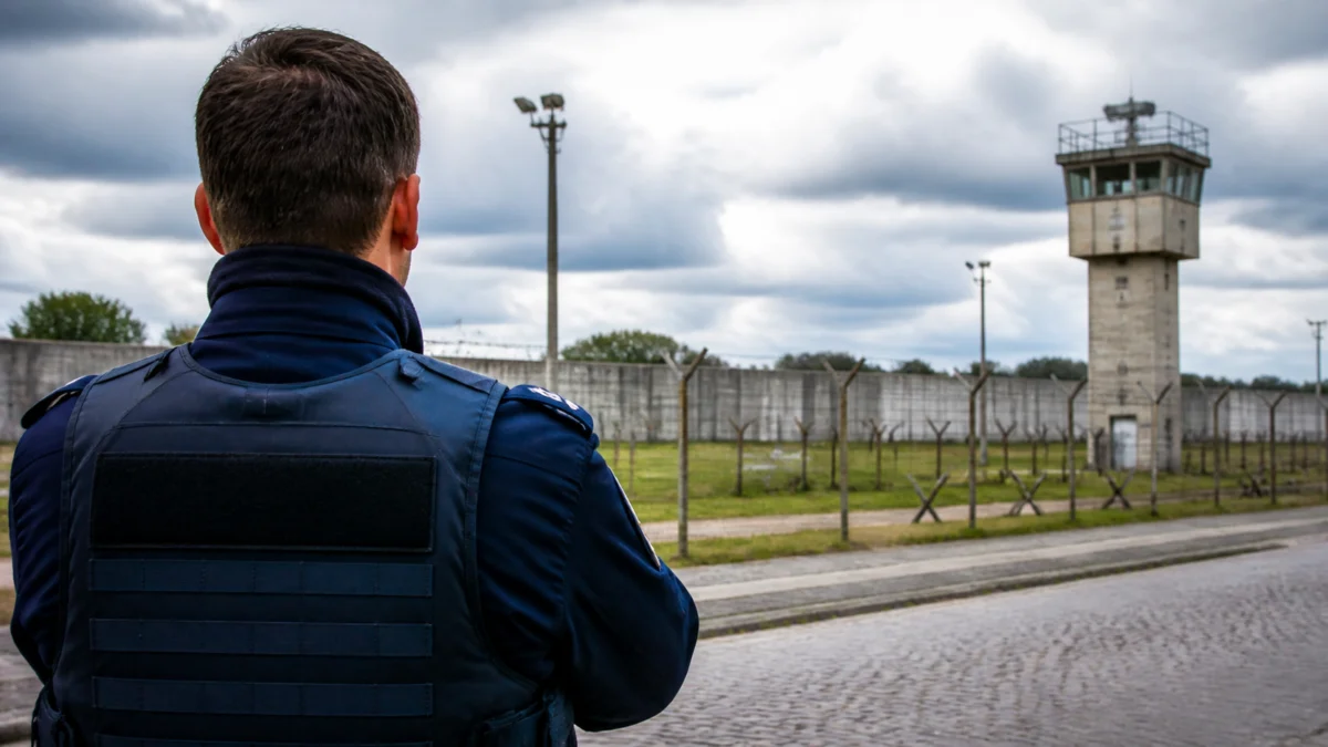 Ein Bundespolizist von hinten vor einer DDR-Grenzanlage mit Wachturm.