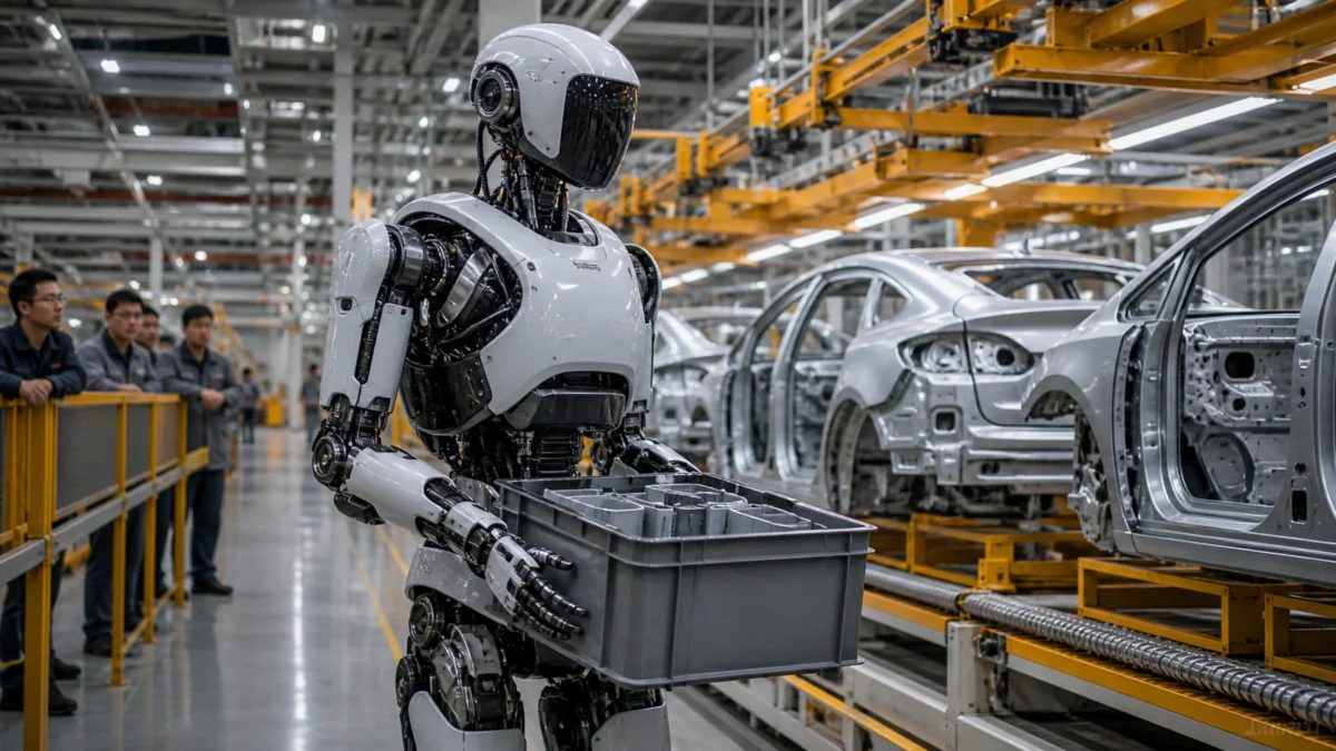 Humanoider Industrieroboter transportiert eine Teilekiste in einer modernen chinesischen Autofabrik