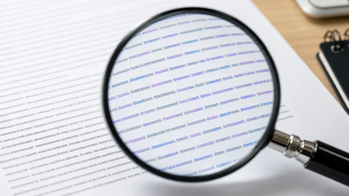 Lupe über einem Text mit angedeutetem statistischem Wortmuster