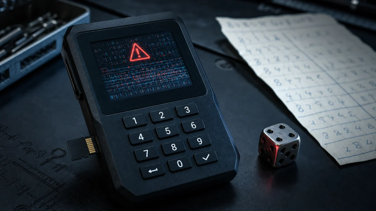 Hardware-Wallet mit Warnanzeige, Würfel und Seed-Notiz als Symbol für den Coldcard-Zufallszahlenfehler